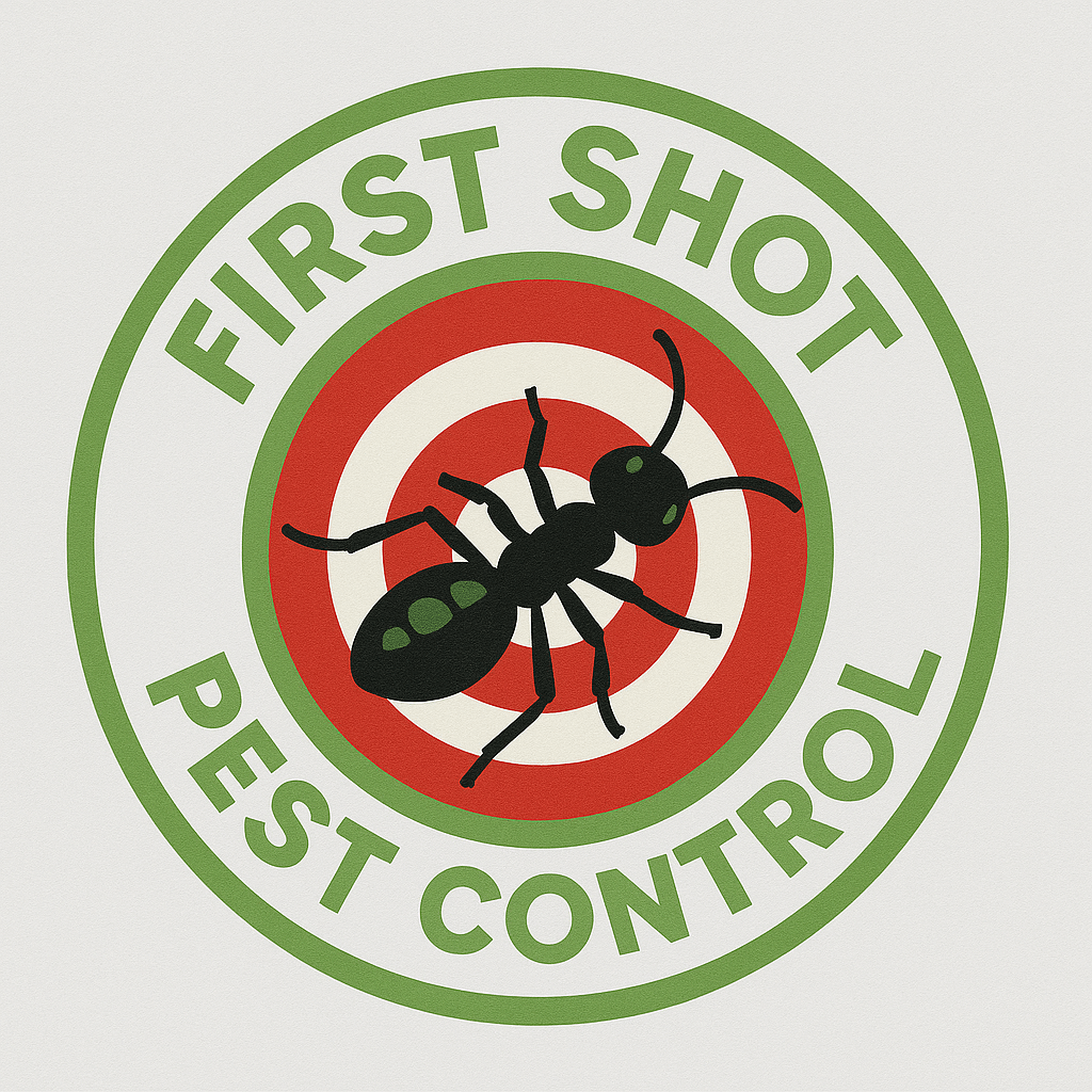 First Shot Pest Control Logo of an ant that is on a target.
